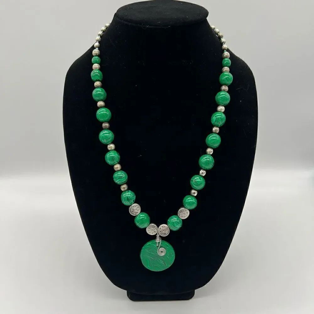 Handmade Faux Malachite Polymer Clay and Silver tone Bead Artisan Boho necklace